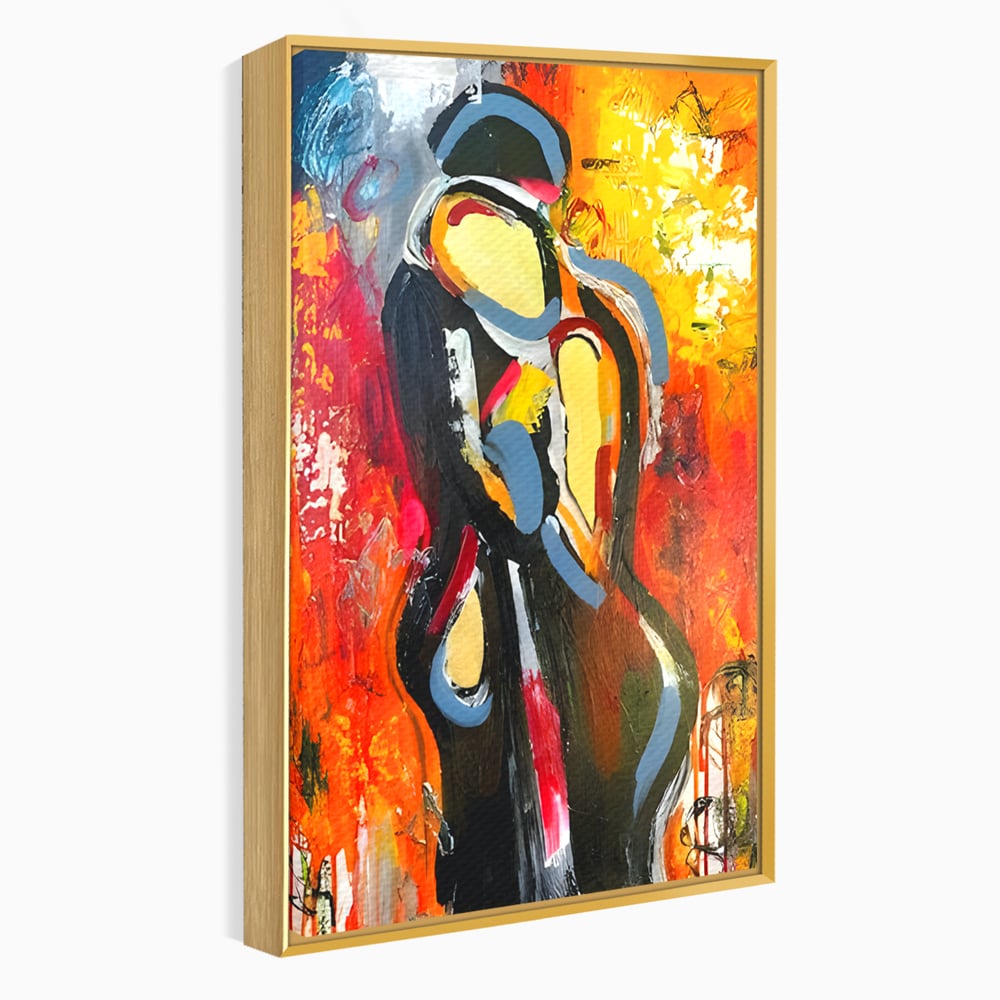 Tablou canvas cu pictura abstracta cu un cuplu imbratisat, in rama de aluminiu auriu